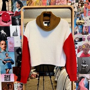 Colorblock Turtleneck Sweater - White, Red, Brown